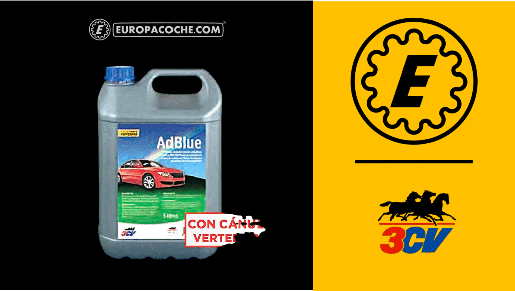 Mantén tu motor diésel eficiente con AdBlue 3CV Turismos 5L: protección del sistema SCR, reducción de emisiones y llenado seguro con tapón y cánula.