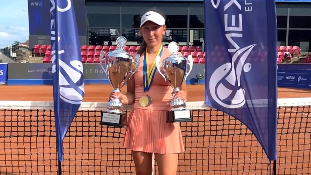 “Victoria Lacki, the 15-year-old Swedish tennis champion from Helsingborgs Tennisklubb, proudly posing with her trophies after a remarkable season in Europe.”