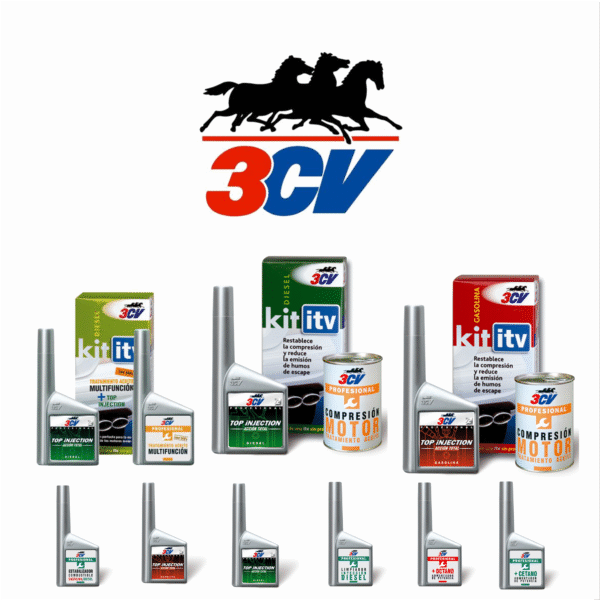 La gama de cuidados profesionales 3CV reúne los aditivos y tratamientos más avanzados para el mantenimiento de motores diésel y gasolina, ofreciendo soluciones eficaces para mejorar el rendimiento, reducir el desgaste y prolongar la vida útil del vehículo.