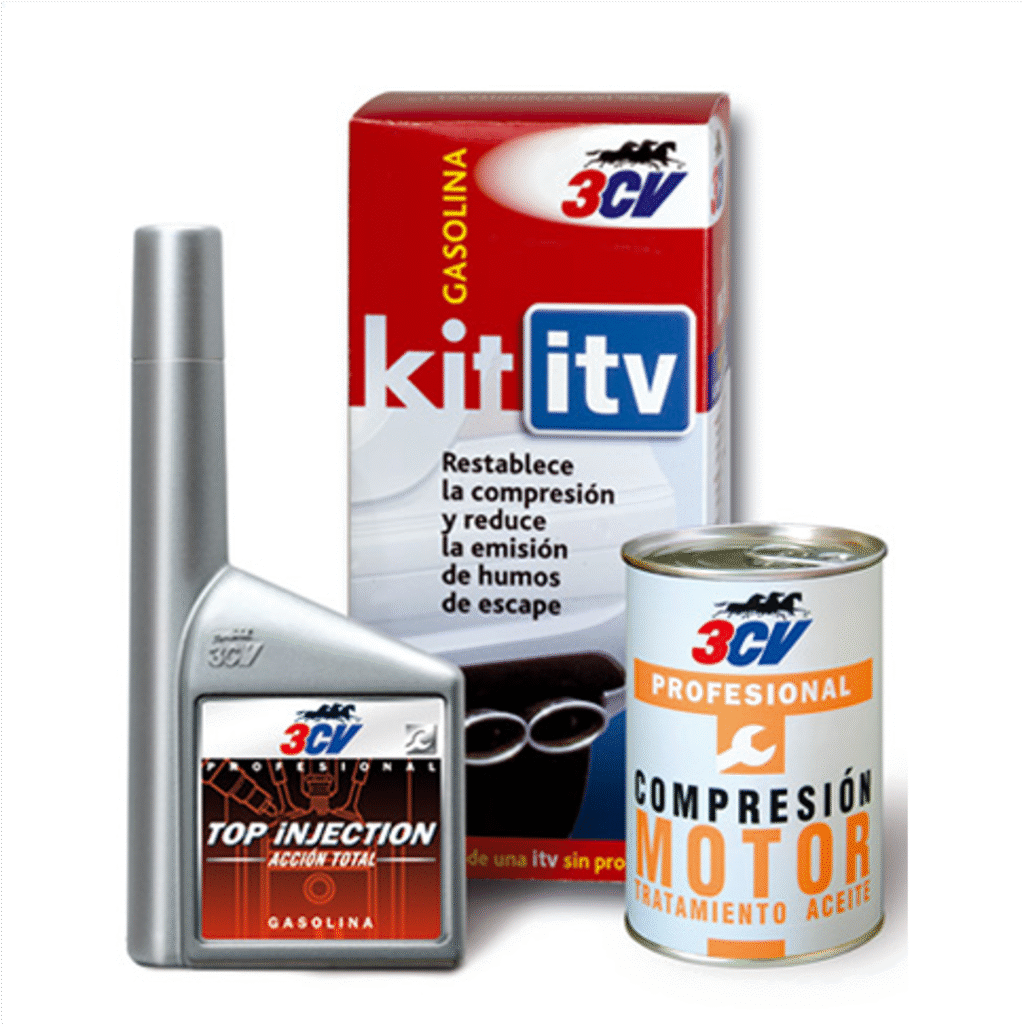 Kit ITV Acción Total Gasolina 3CV: limpia inyectores y válvulas, restaura compresión, reduce humos y emisiones, mejora rendimiento y asegura una ITV sin problemas.