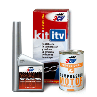 Kit ITV Acción Total Gasolina 3CV: limpia inyectores y válvulas, restaura compresión, reduce humos y emisiones, mejora rendimiento y asegura una ITV sin problemas.