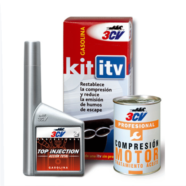 Kit ITV Acción Total Gasolina 3CV: limpia inyectores y válvulas, restaura compresión, reduce humos y emisiones, mejora rendimiento y asegura una ITV sin problemas.