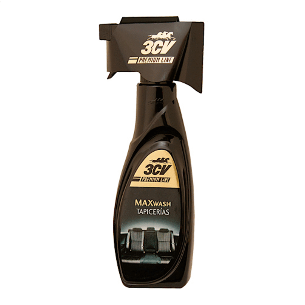Fotografía del envase de MAXWASH Tapicerías 500 ml, especialmente diseñado para limpiar eficazmente tapicerías de coches y hogares, eliminando manchas persistentes y neutralizando olores de tabaco, mascotas y humo, garantizando tejidos frescos e higiénicos.