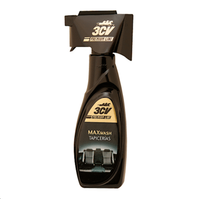 Fotografía del envase de MAXWASH Tapicerías 500 ml, especialmente diseñado para limpiar eficazmente tapicerías de coches y hogares, eliminando manchas persistentes y neutralizando olores de tabaco, mascotas y humo, garantizando tejidos frescos e higiénicos.