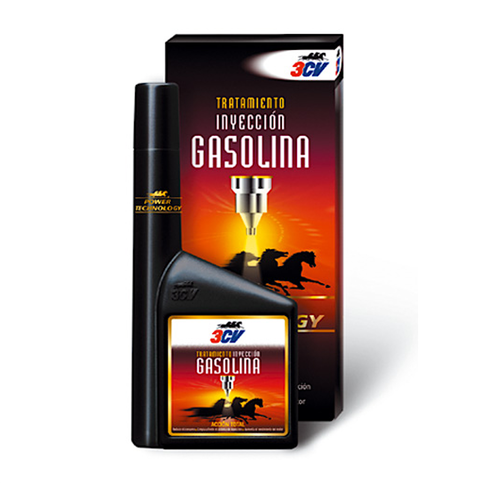Envase de 500 ml del Tratamiento Inyección Gasolina POWER TECHNOLOGY 3CV, diseñado para limpiar y proteger los inyectores y válvulas, mejorando el rendimiento del motor y reduciendo consumo y emisiones.